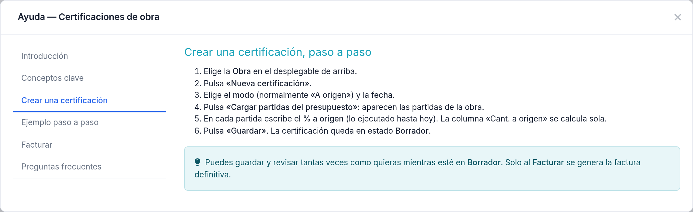 Certificación de obra — Crear una certificación