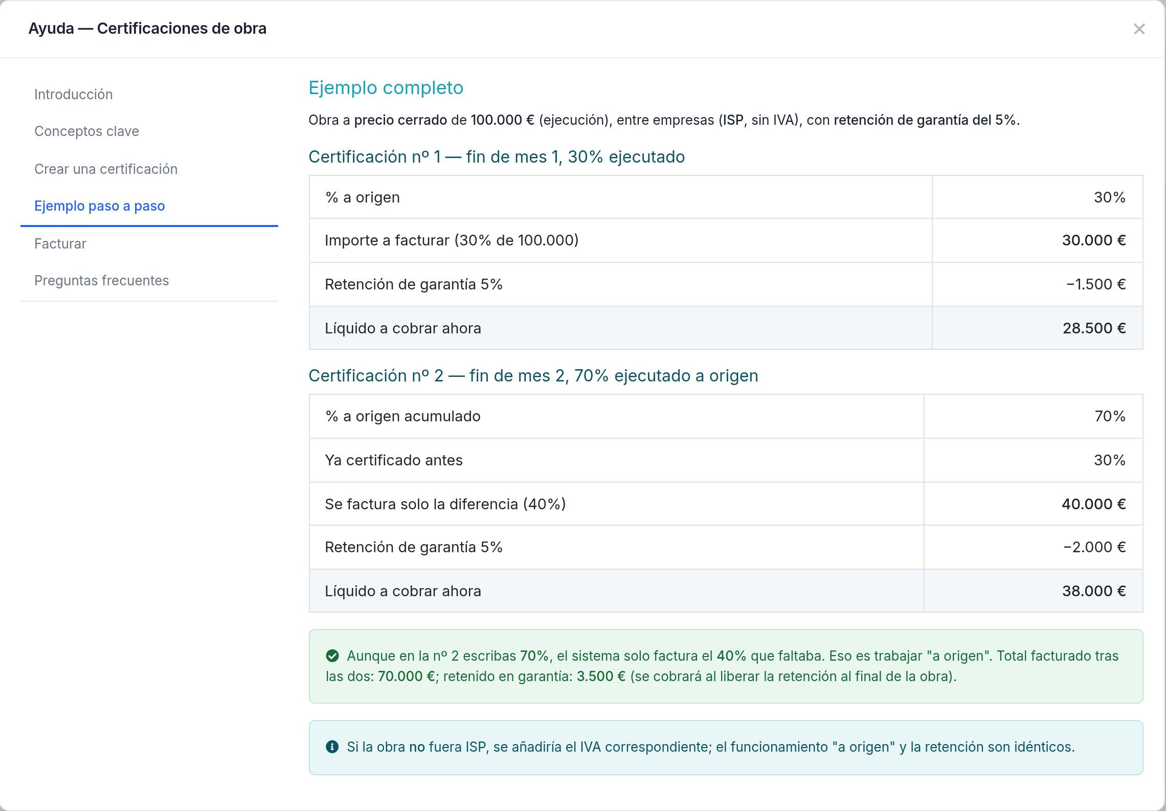 Certificación de obra — Ejemplo paso a paso