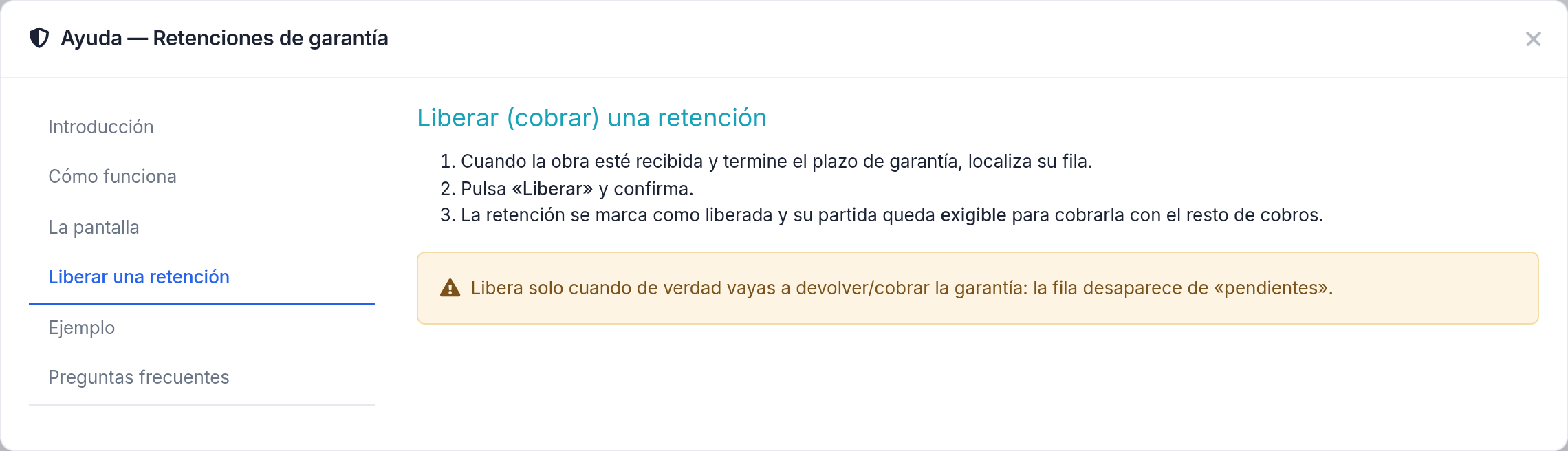 Retención de garantía — Liberar una retención