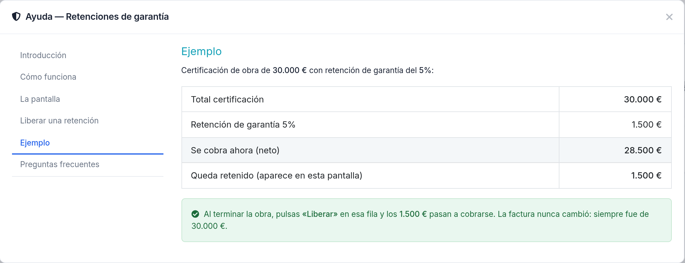 Retención de garantía — Ejemplo